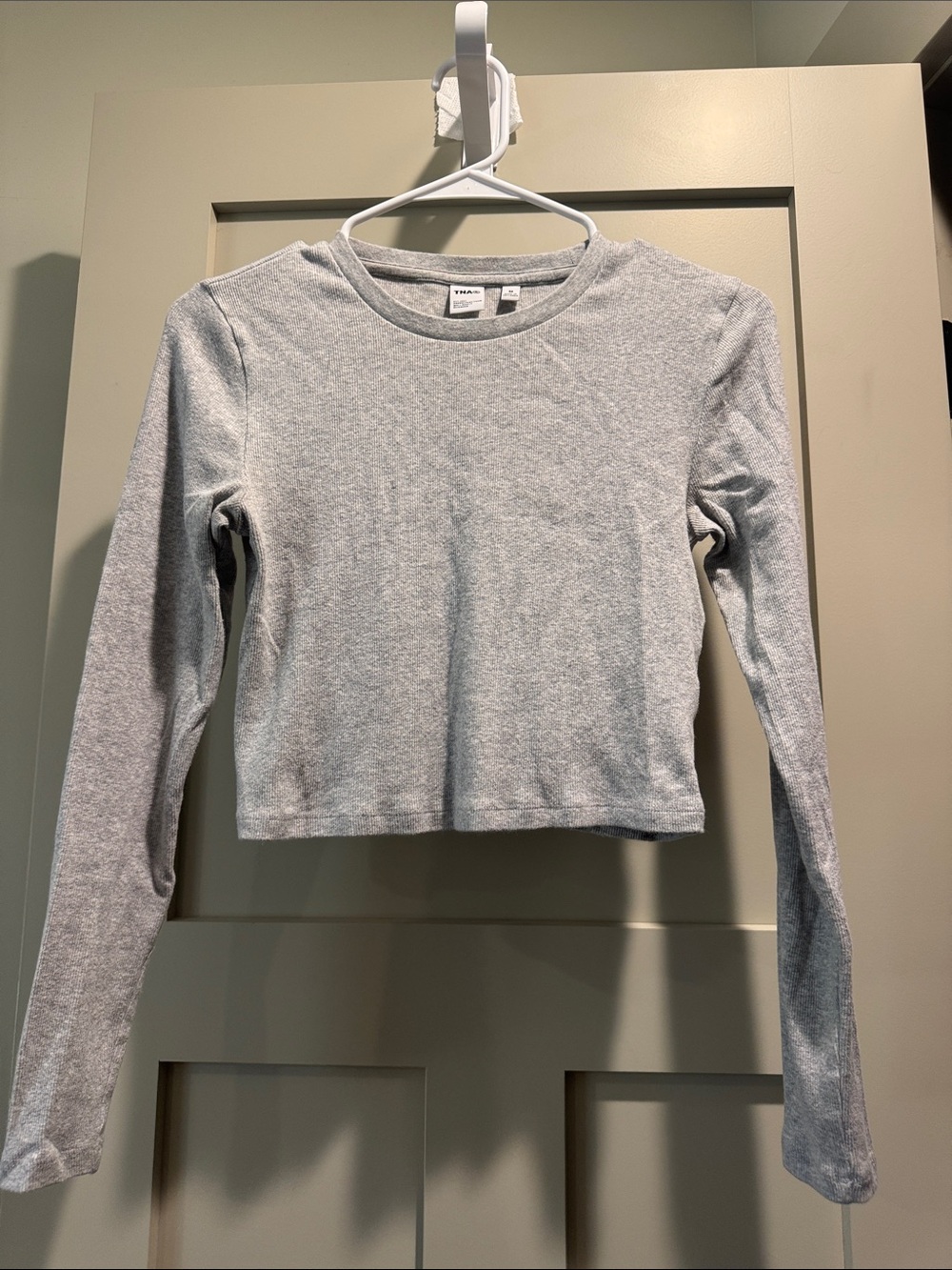 Aritzia Light Gray Long-Sleeve Cropped Crewneck Top
